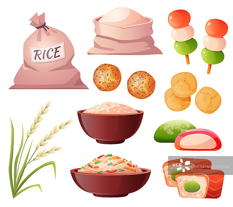 日本食品，袋装大米，寿司和日本烤肉图片素材