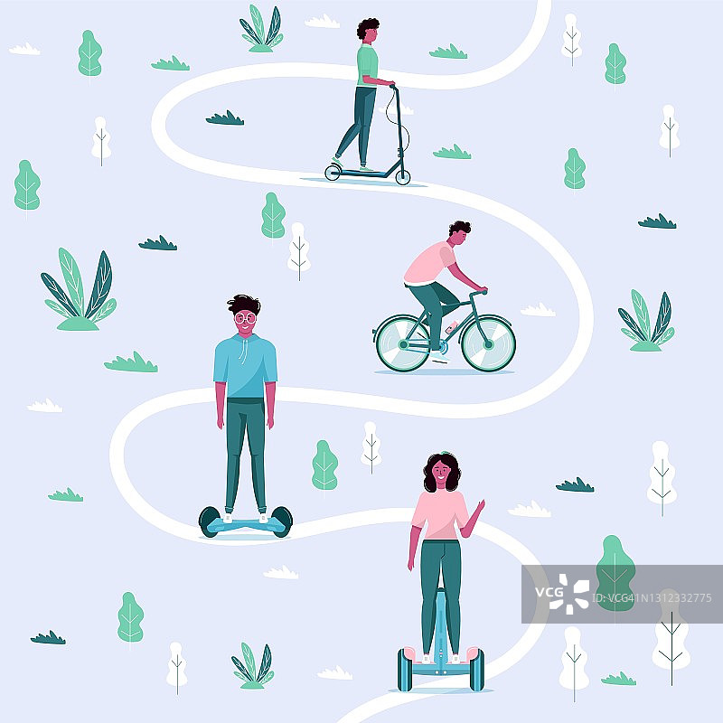 男女在公园里驾驶生态城市交通工具。个人电动交通工具、绿色电动踏板车、悬浮滑板、回转踏板车、独轮车、自行车。生态汽车，城市生活理念图片素材