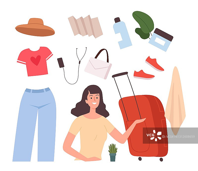 女生旅行的东西。女性行李，包和手提箱，地图和时装。快乐女人去度假矢量概念图片素材