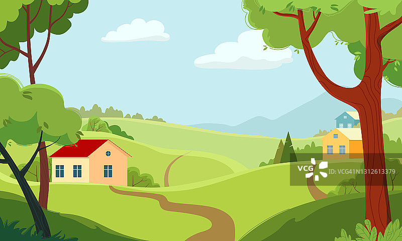 夏天的风景有绿树，田野和舒适的小斯堪的纳维亚风格的房子。图片素材