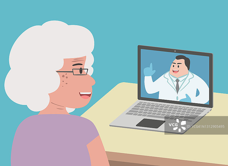 退休老年妇女通过虚拟远程医疗视频电话与男医生交谈图片素材