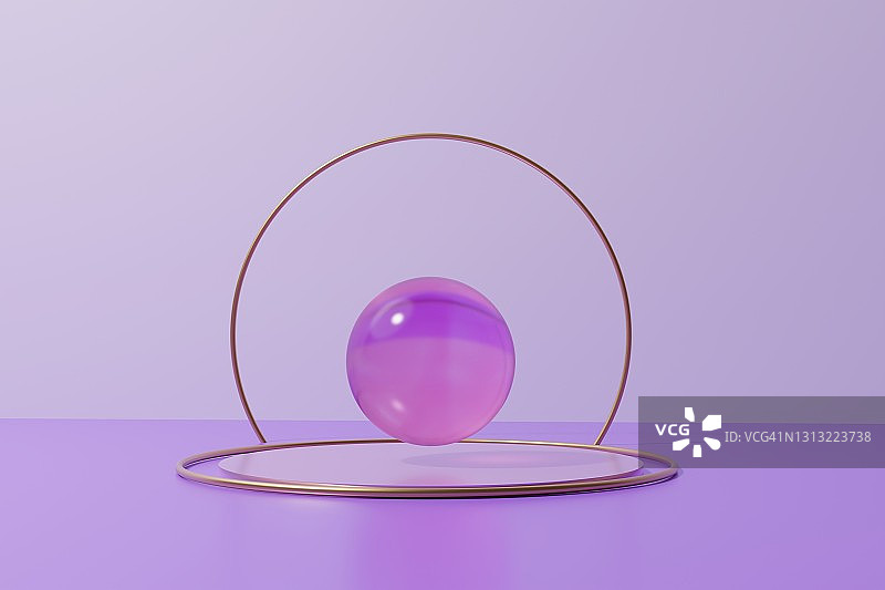 三维渲染的紫色水晶球在一个圆形讲台上与金戒指图片素材