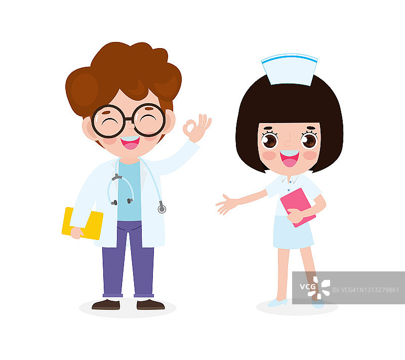 一套快乐可爱的亚洲医生和护士，国际医生团队，医院医护人员平面风格孤立在白色背景矢量插图。图片素材