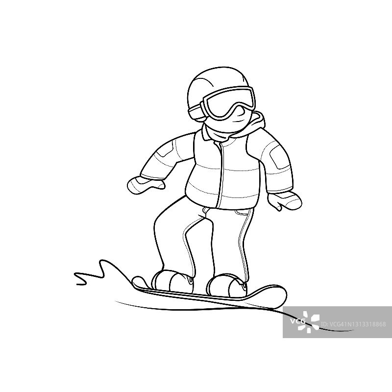 矢量插图的人站在滑雪板在冬季运动游戏孤立在白色的背景。运动竞赛或训练概念。孩子着色页面。彩色卡通人物剪贴画。图片素材