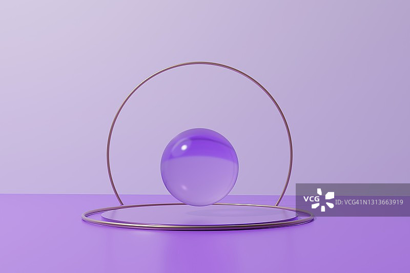 三维渲染的紫色水晶球在一个圆形讲台上与金戒指图片素材