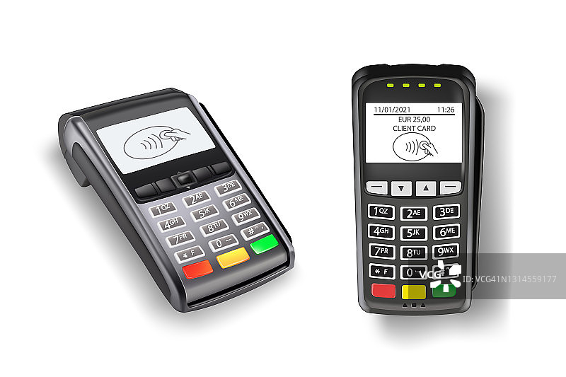 信用卡支付终端机一套。两个电子无线阅读器购买矢量插图。用于在白色背景上隔离交易的非接触技术图片素材