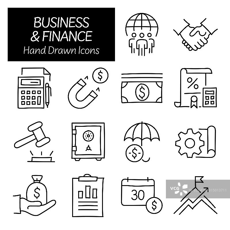 商业和金融相关手绘图标，涂鸦元素矢量插图图片素材