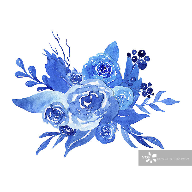 水彩蓝色花卉组成。鲜花和树叶束。名片模板。婚礼邀请装饰图片素材