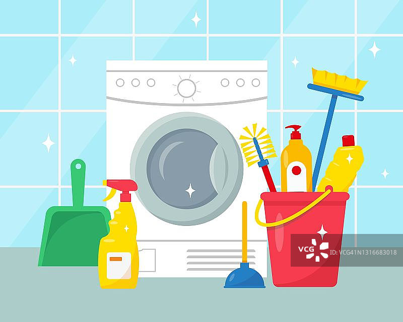 清洁服务理念。家居清洁用品和工具。图片素材