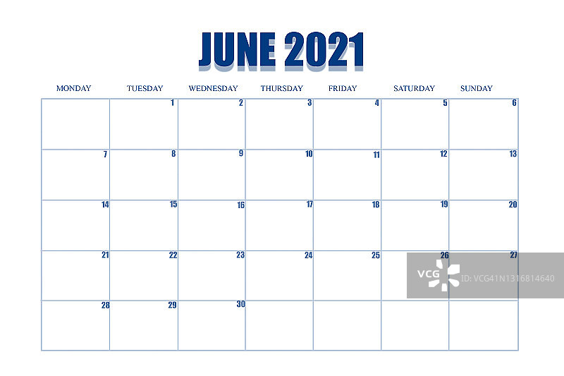 活动策划2021年6月。完整的日历页上的白色孤立的背景。在表格中列出每个月的日期和星期，用于提醒、业务计划、会议和事件图片素材