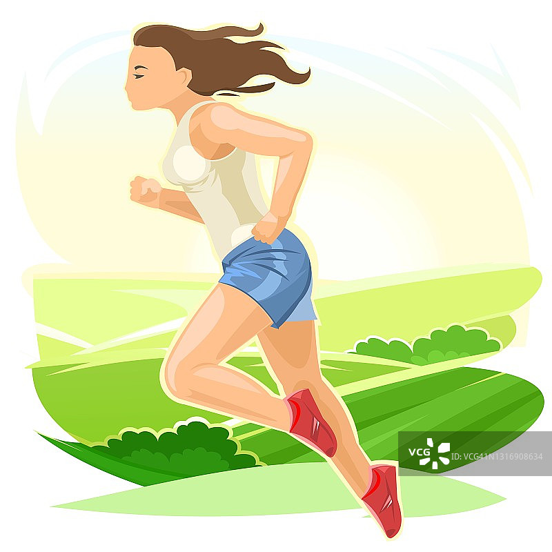 女孩跑。体育运行。健康的生活方式。平的卡通风格。女跑步者在乡村风景的背景下锻炼。孤立。向量图片素材