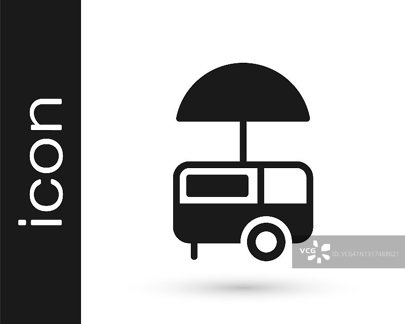 黑色快速街头食品车与遮阳篷图标孤立在白色背景。城市亭。冰淇淋卡车。向量图片素材