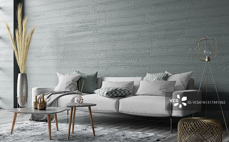 现代室内设计舒适的客厅与灰色沙发和咖啡桌。三维渲染图片素材