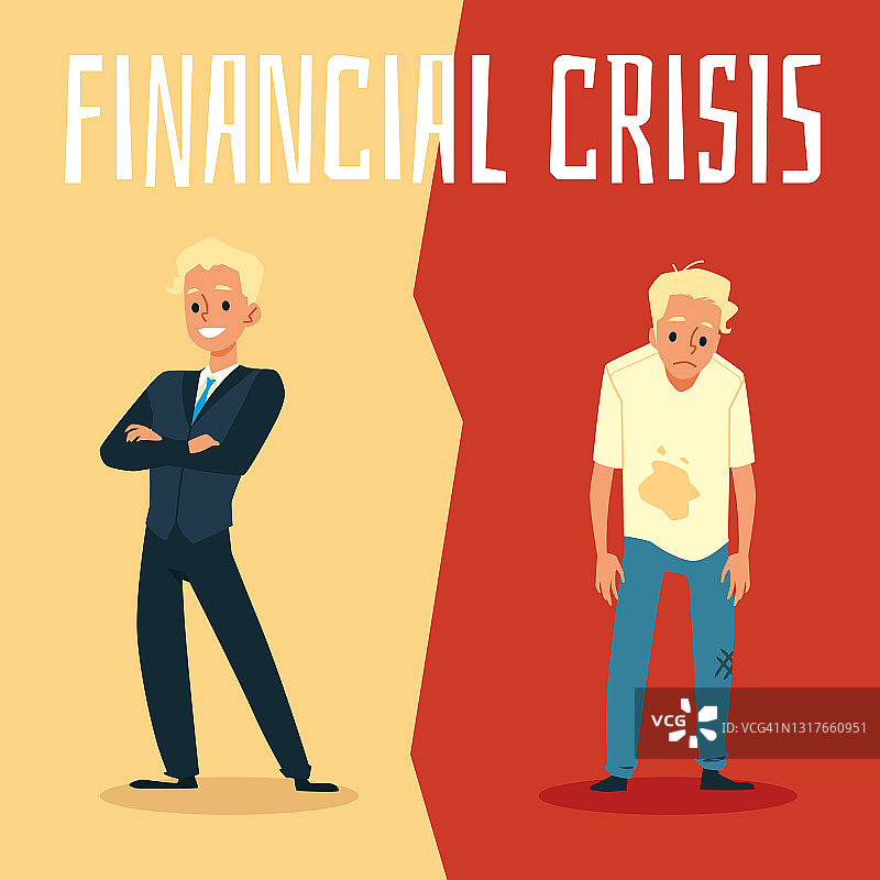 金融危机之前和之后的富人和穷人商人的对比。图片素材