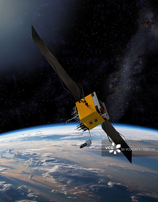地球上方轨道上的GPS 2F卫星。GPS(全球定位系统)是美国空军的一个计划，包括一个在MEO(中地球轨道)轨道上运行的卫星星座，大约12,600英里。GPS星座提供24/7的精确定位图片素材