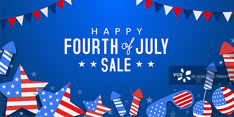 快乐的7月4日，自1776年美国独立纪念日庆祝设计在蓝色的背景，星星，烟花，花环，星星等。图片素材