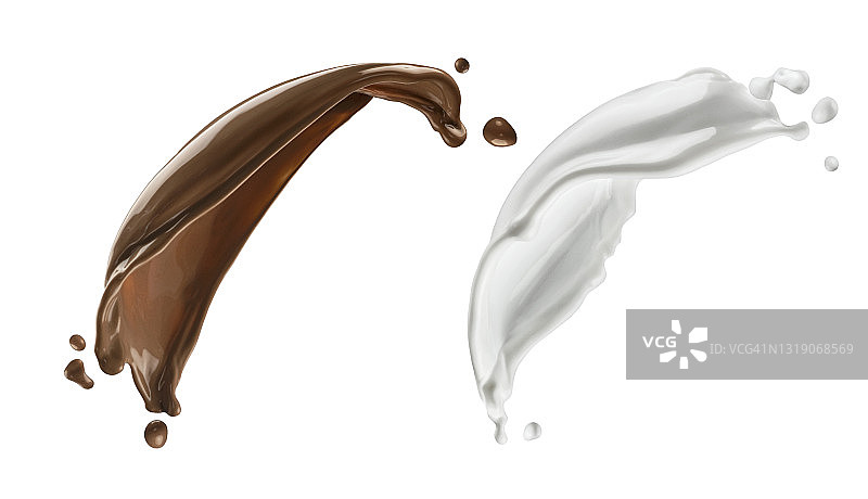 巧克力和牛奶溅在白色的背景上图片素材