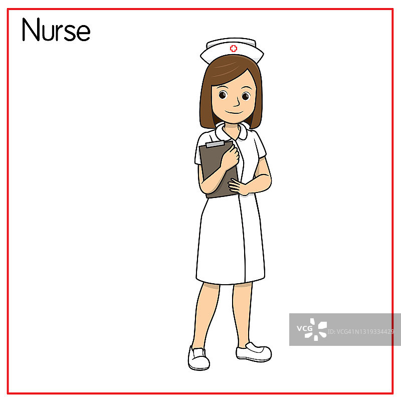 白底隔离护士矢量图。工作和职业概念。卡通人物。教育和学校儿童涂色页，可打印，活动，工作表，抽认卡。图片素材