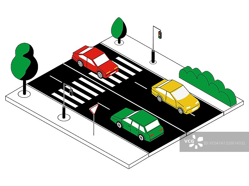 等距汽车交通。卡通城市道路。向相反方向行驶的汽车。部分高速公路、交通灯和人行横道。矢量道路和人行道与树木和标志图片素材