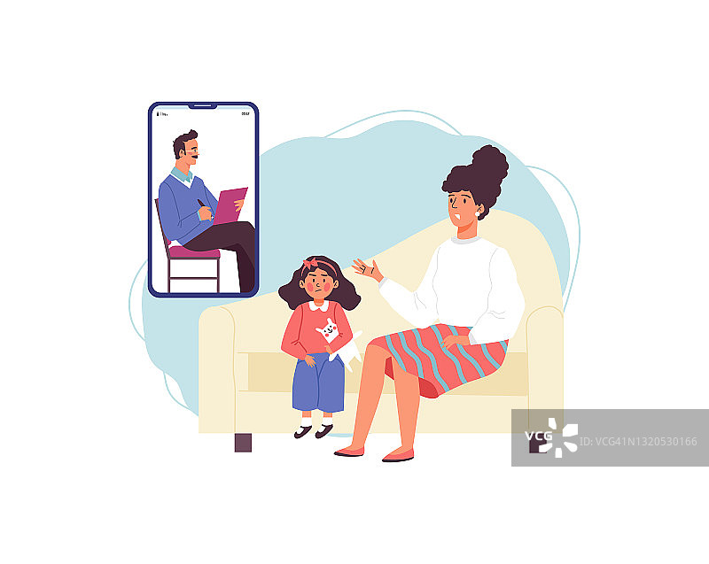 在线咨询儿童心理学家，为有耐心的小女孩和担心的母亲图片素材