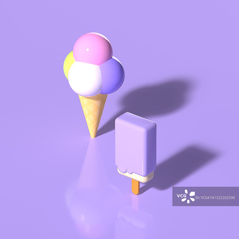 三维渲染的彩色冰淇淋与华夫筒和巧克力冰淇淋站在紫色的背景。简约的夏季食物造型概念。图片素材
