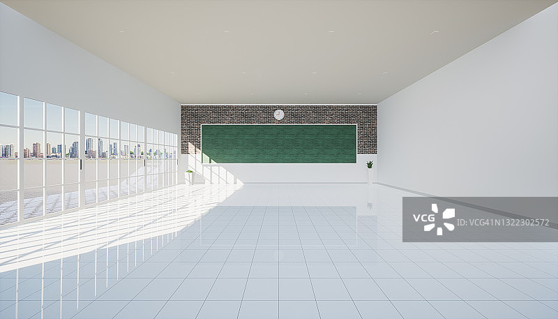 教室的3d渲染和白色瓷砖地板为背景。图片素材