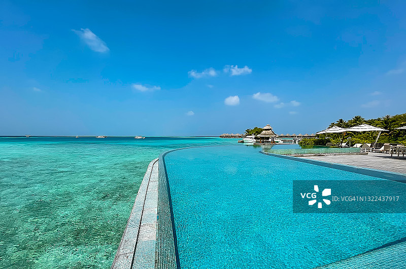 无限泳池和马尔代夫热带海滩景观。明亮的夏日碧蓝的湖水和蔚蓝的天空。图片素材