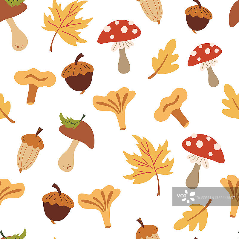 秋季无缝格局与蘑菇和叶子。秋天的森林。落叶，橡子，蘑菇。花设计的包装纸，织物，封面和卡片。矢量插图卡通风格图片素材