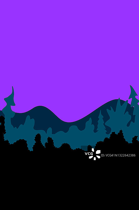 向量抽象简单的景观背景，海报在深紫色蓝色绿色色调。夜空的背景是森林、树木、山脉的剪影。平面风格的孤立插图图片素材