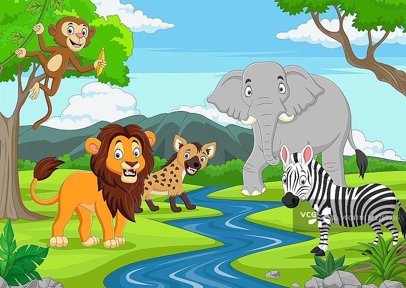 卡通野生动物在丛林中图片素材
