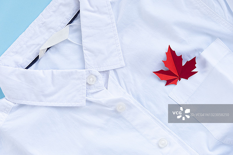 一件口袋里有秋叶的白衬衫。回到学校的概念。图片素材
