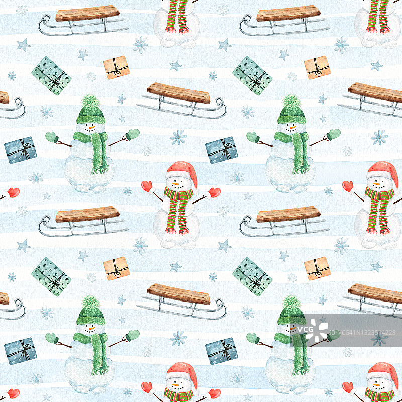 水彩圣诞无缝模式与雪人，雪橇，礼物和雪花在蓝色条纹的背景。图片素材