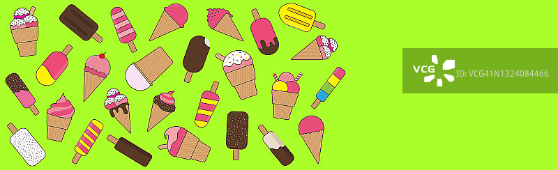 不同类型的冰淇淋在黄绿色背景上的散射-矢量图片素材