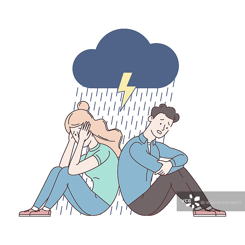 一对悲伤的夫妇坐在地板上。丈夫和妻子的家庭出现了问题。下雨，乌云，闪电。离婚,单独居住。疲劳的焊接。摘要矢量图图片素材