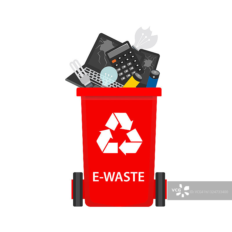 有可回收垃圾标志的垃圾桶和电子垃圾垃圾，坏了的小玩意，用过的电池图片素材