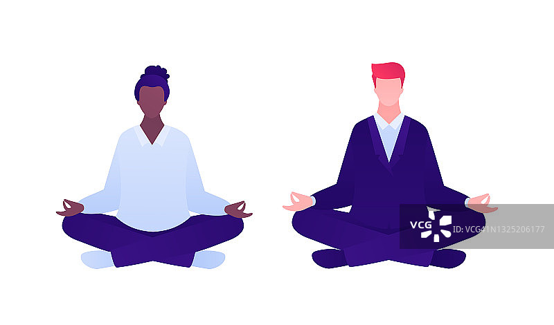 健康和瑜伽的工作概念。矢量平面商业插图。一套非洲妇女和白人男子在西装雇员坐在冥想放松姿势。图片素材