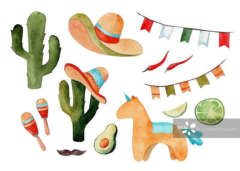 一套水彩插图cinco de mayo，墨西哥美食，节日传统节日食品和节日符号旅游插图元素。图片素材