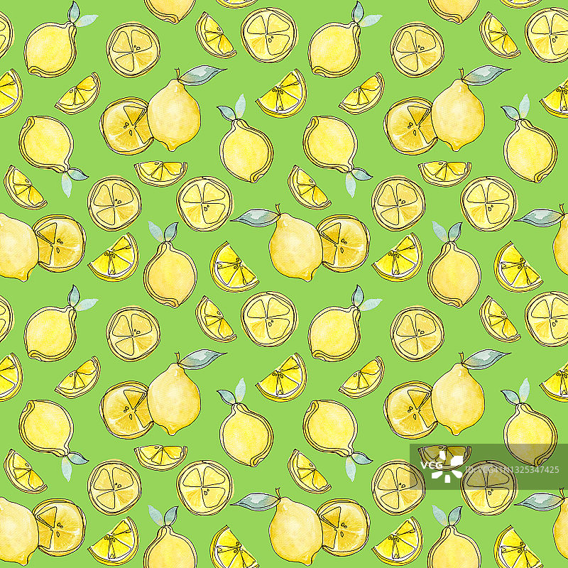 黄色柠檬汁圆形水果和半片绿叶重复无缝图案的织物纺织品，插图水彩手绘在绿色的背景图片素材