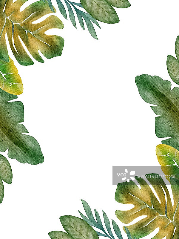 手绘水彩无聊的绿色热带树叶。用于海报，卡片，明信片，印刷，海报，婚礼，派对，小册子，传单图片素材