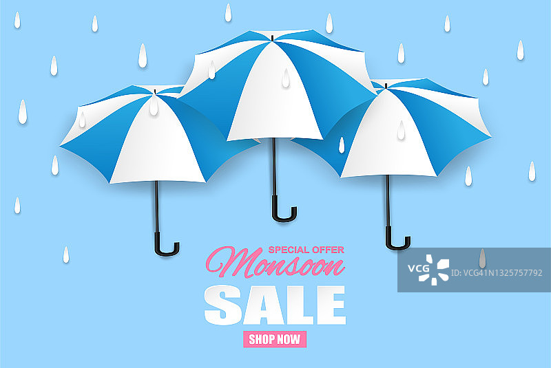 季风季节出售。纸艺术风格的设计与雨滴，伞在蓝色的背景。向量。图片素材