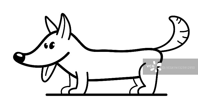 搞笑卡通狗站矢量平面风格插图孤立在白色，可爱可爱的家养动物朋友。图片素材