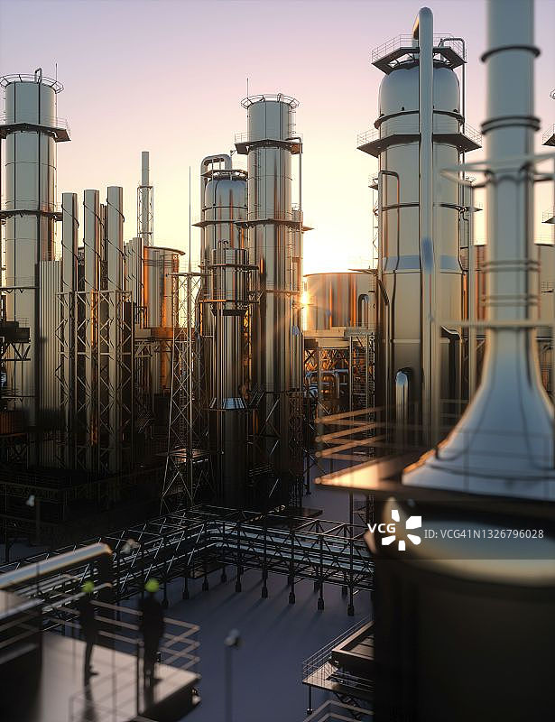 技师主管在夕阳下用管道和钢铁3D渲染看着炼油厂图片素材