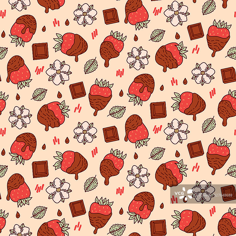 巧克力草莓无缝图案。浆果，花和叶子。图形手绘平面风格。包装上的涂鸦插图，菜单卡，海报，印刷品。图片素材