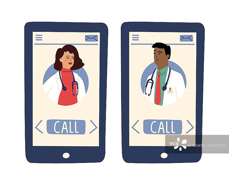 在线医生应用，屏幕上有医生的化身。智能手机与女性男性医务人员，医院远程医疗矢量概念图片素材
