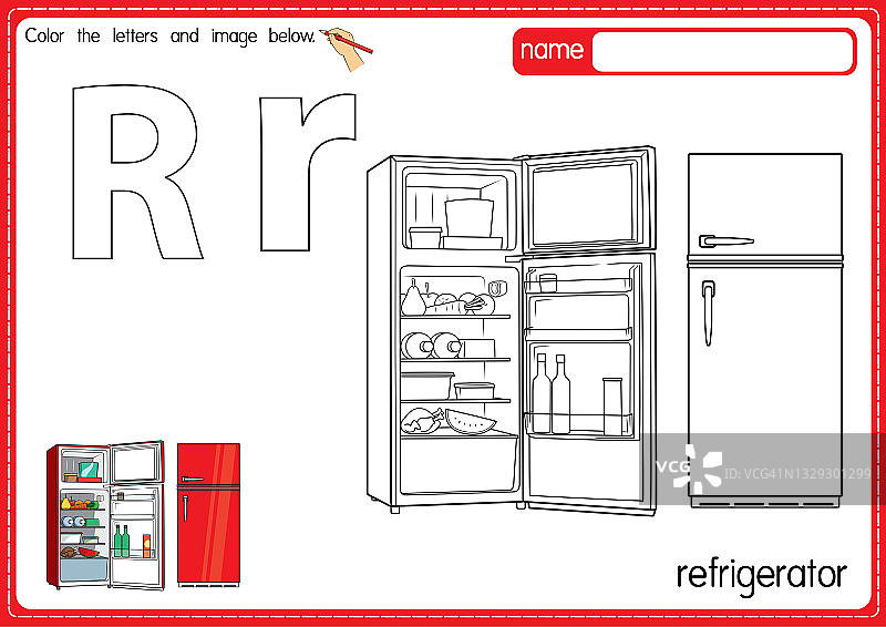 矢量插图的儿童字母着色书页与概述剪贴画，以颜色。字母R代表冰箱。图片素材