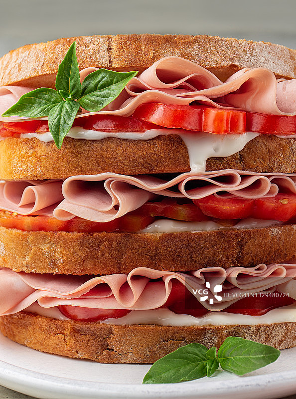 特写的熟食三明治与摩泰台拉，软奶酪和西红柿。垂直的图像。图片素材