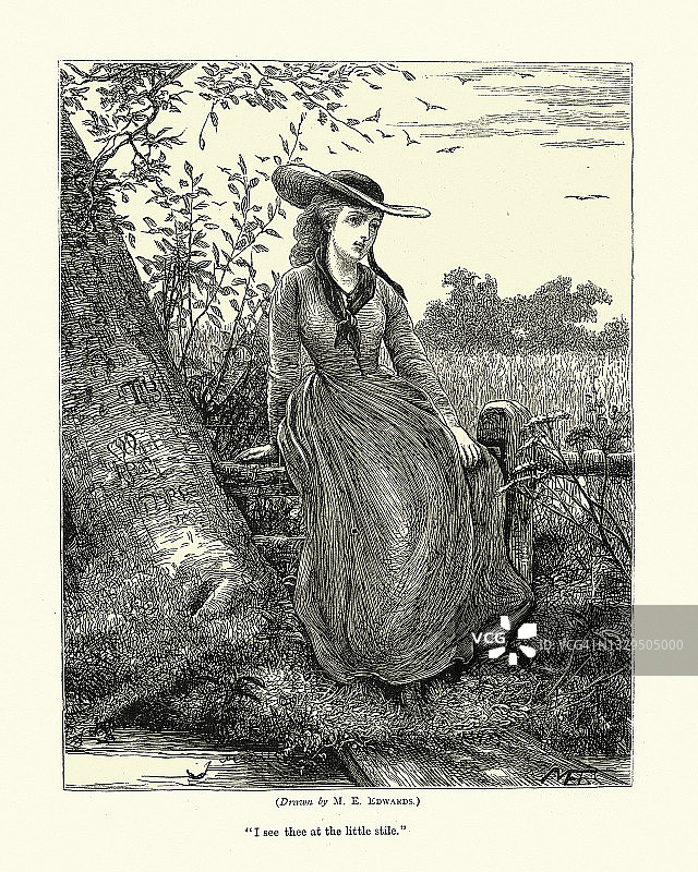 19世纪70年代，维多利亚时代，一个年轻女子在夏日享受乡间景色图片素材