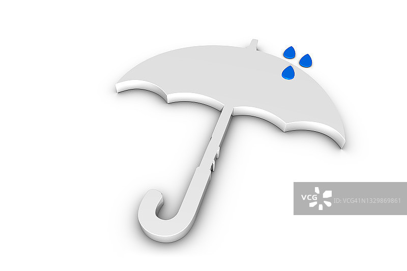 雨伞与蓝色雨滴-银色金属3D插图-孤立在白色背景图片素材