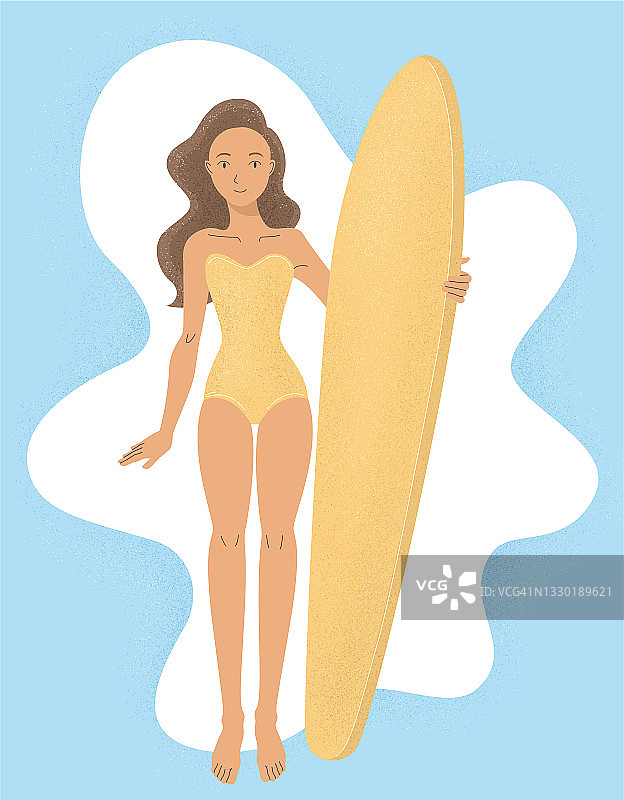 冲浪褐发女孩穿着黄色泳衣站在冲浪板。冲浪者夏日海滩旅游度假，运动活跃的生活方式。彩色平面卡通手绘矢量插图纹理风格。图片素材