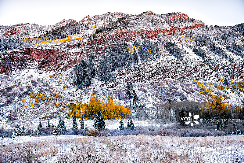 栗色的钟红色崎岖的山峰在阿斯彭，科罗拉多州被冰雪覆盖后的冬季风暴冻结在秋天秋天十月季节的变化图片素材